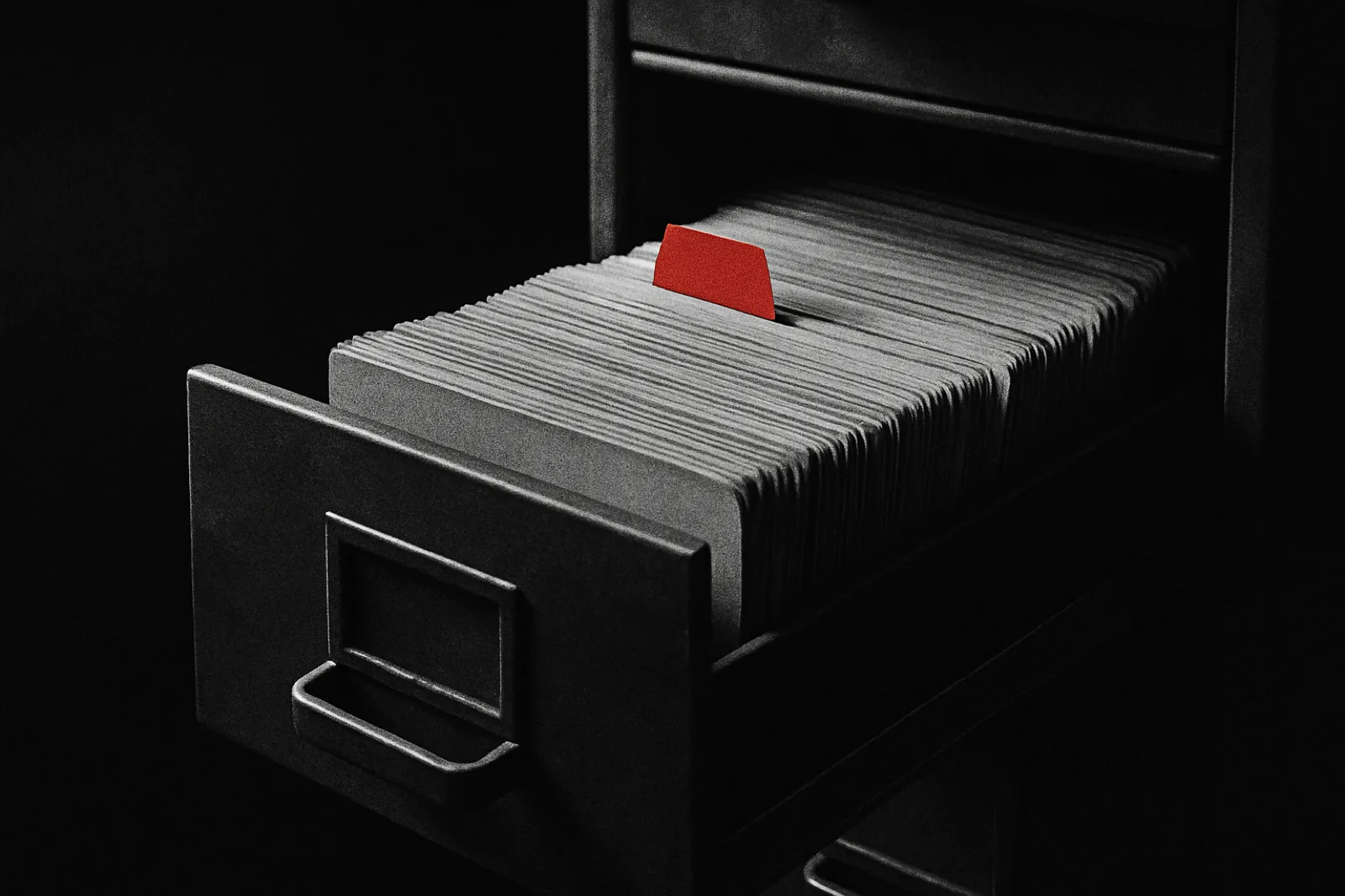 An open card-catalogue drawer with one record card raised above the rest