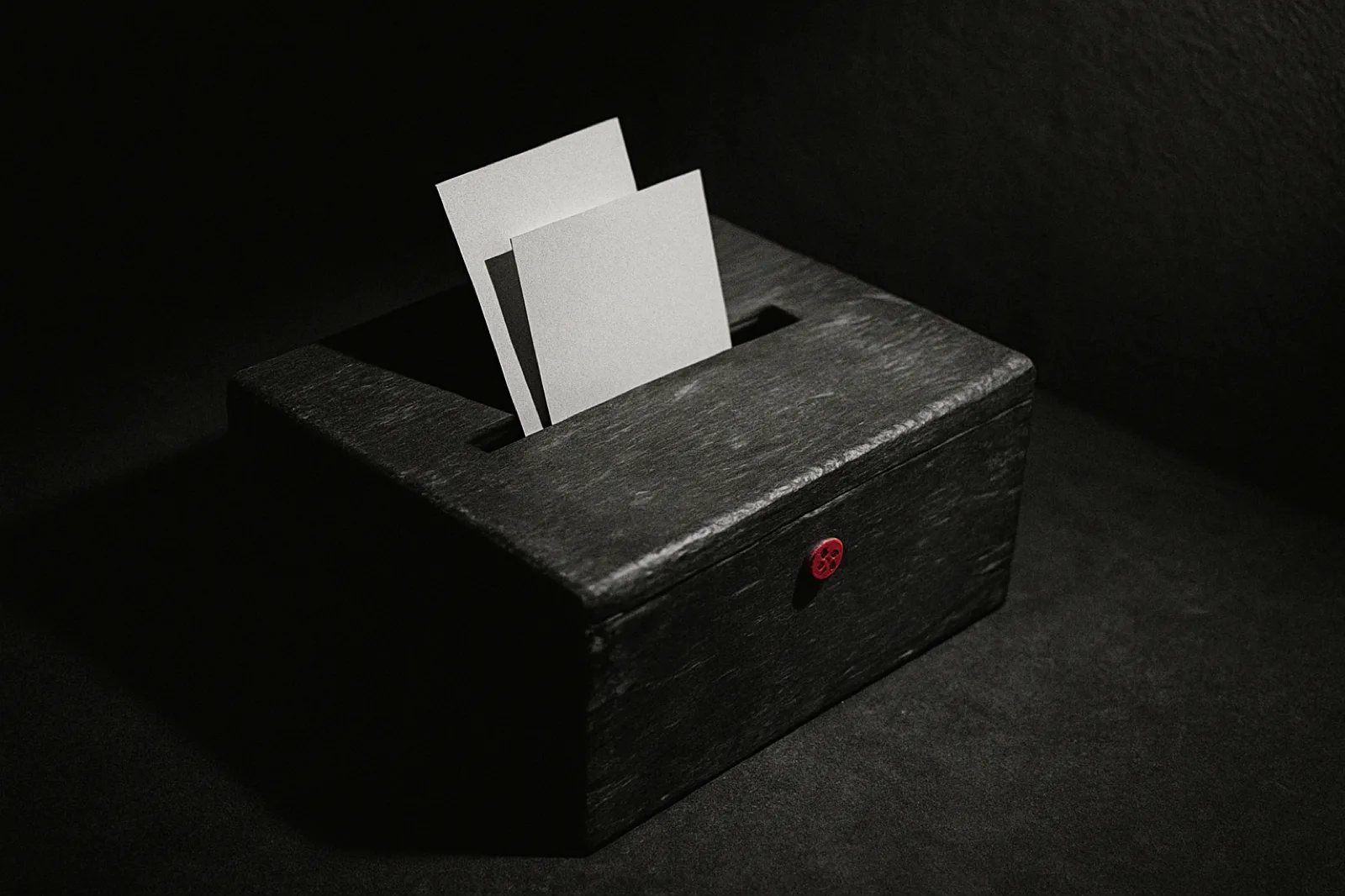 A wooden suggestion box with blank cards half inserted in the slot