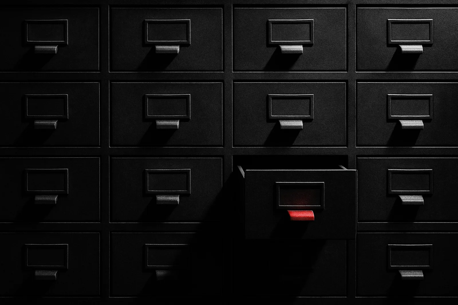 Rows of library card-catalogue drawers with one pulled slightly open