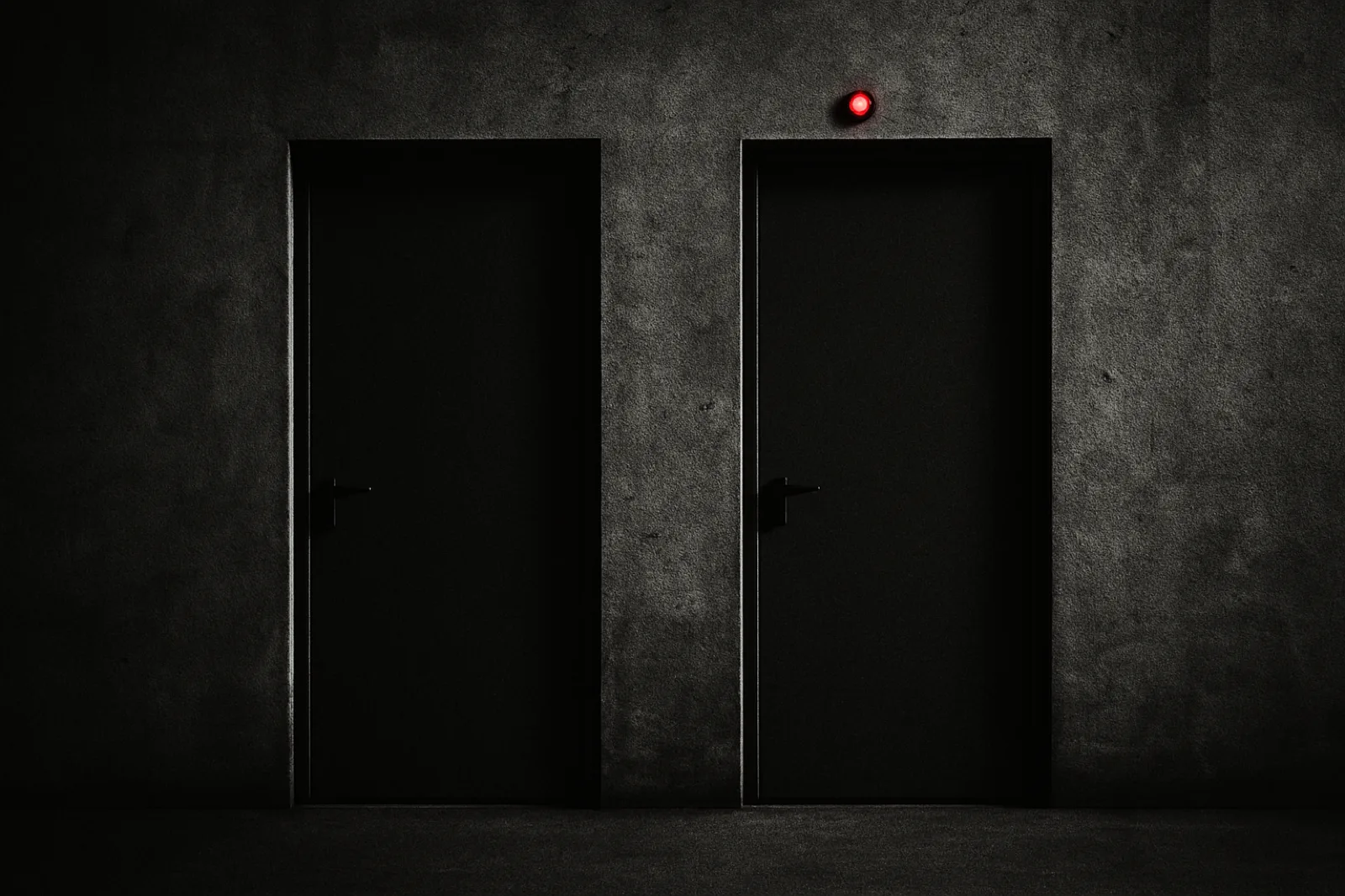 A single open hand holding a printed card while a row of doors stands unexamined behind it
